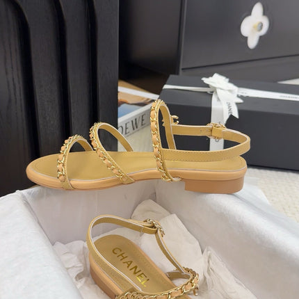 THREE-STRAPS SANDALS IN SAND YELLOW CALFSKIN WITH GOLD HARDWARE