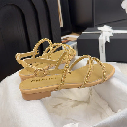 THREE-STRAPS SANDALS IN SAND YELLOW CALFSKIN WITH GOLD HARDWARE