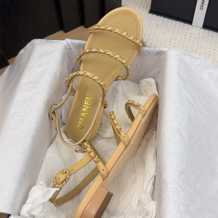 THREE-STRAPS SANDALS IN SAND YELLOW CALFSKIN WITH GOLD HARDWARE
