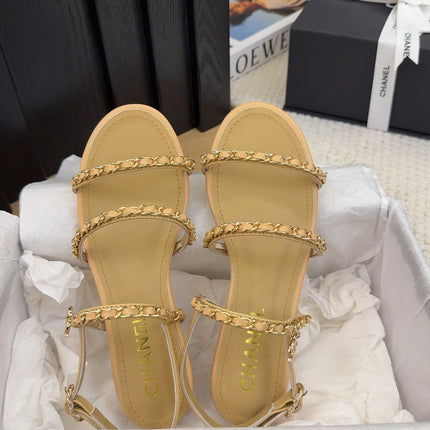 THREE-STRAPS SANDALS IN SAND YELLOW CALFSKIN WITH GOLD HARDWARE