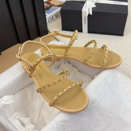 THREE-STRAPS SANDALS IN SAND YELLOW CALFSKIN WITH GOLD HARDWARE