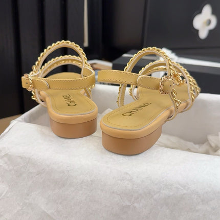 THREE-STRAPS SANDALS IN SAND YELLOW CALFSKIN WITH GOLD HARDWARE