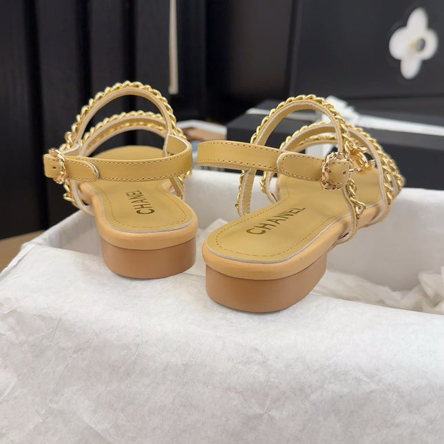 THREE-STRAPS SANDALS IN SAND YELLOW CALFSKIN WITH GOLD HARDWARE