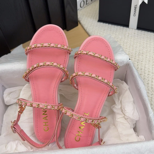 THREE-STRAPS SANDALS IN FLAMINGO PINK CALFSKIN WITH GOLD HARDWARE