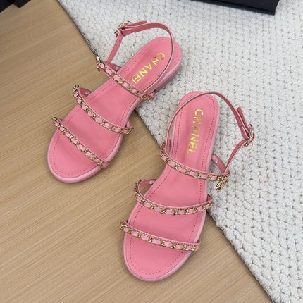 THREE-STRAPS SANDALS IN FLAMINGO PINK CALFSKIN WITH GOLD HARDWARE