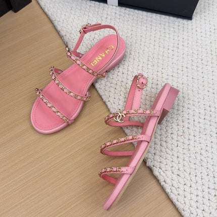 THREE-STRAPS SANDALS IN FLAMINGO PINK CALFSKIN WITH GOLD HARDWARE