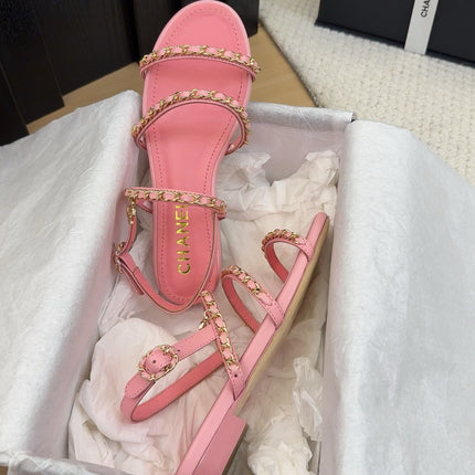 THREE-STRAPS SANDALS IN FLAMINGO PINK CALFSKIN WITH GOLD HARDWARE
