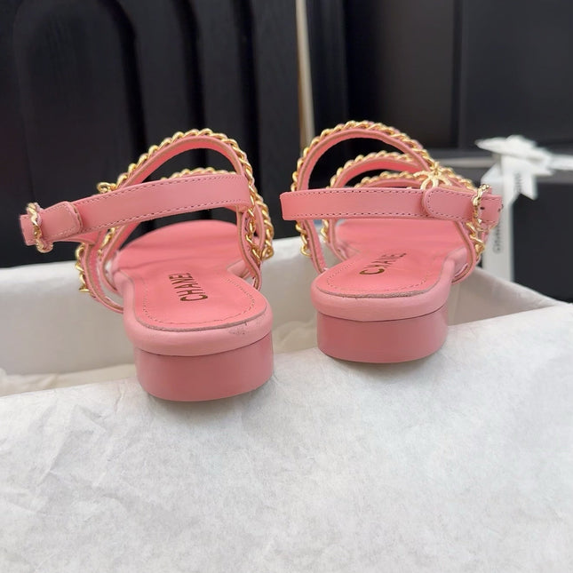 THREE-STRAPS SANDALS IN FLAMINGO PINK CALFSKIN WITH GOLD HARDWARE