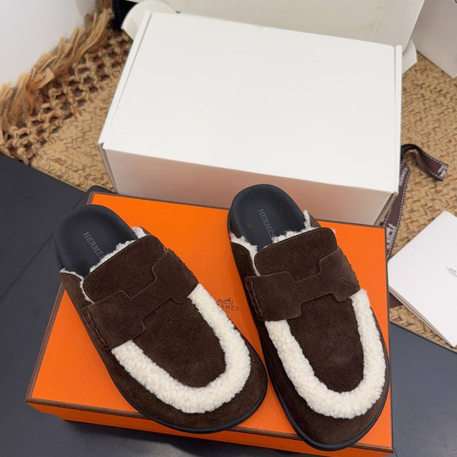 HM 25S MULE IN DARK CHOCOLATE BROWN SUEDE MIX WHITE SHEARLING