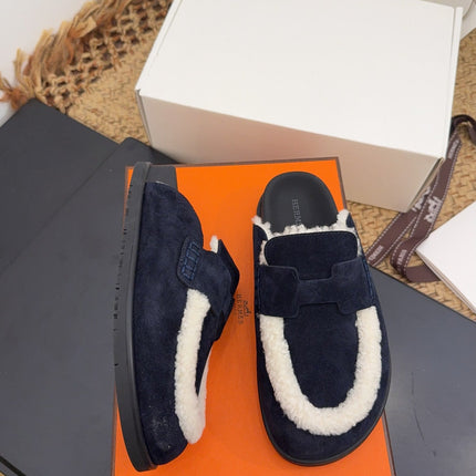 HM 25S MULE IN DARK SLATE BLUE SUEDE MIX WHITE SHEARLING
