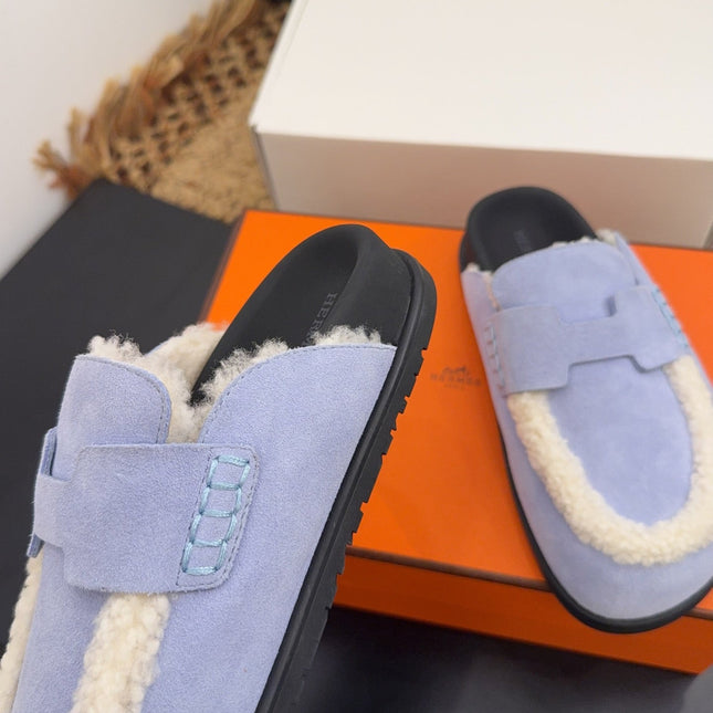 HM 25S MULE IN SOFT LAVENDER BLUE SUEDE MIX WHITE SHEARLING