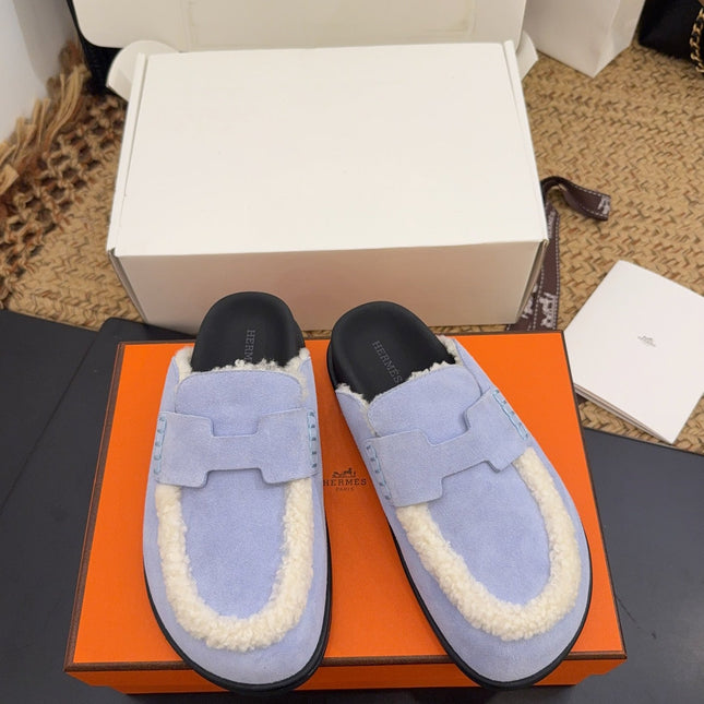 HM 25S MULE IN SOFT LAVENDER BLUE SUEDE MIX WHITE SHEARLING