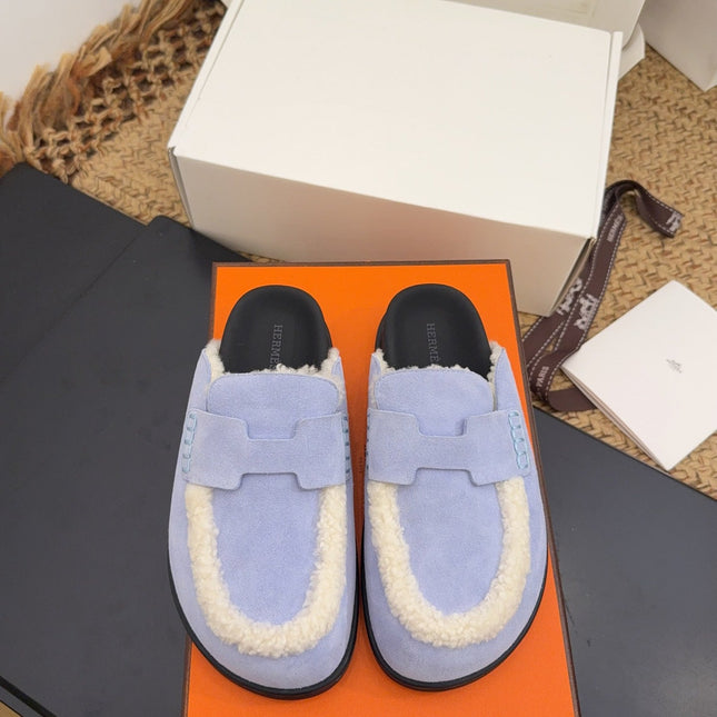 HM 25S MULE IN SOFT LAVENDER BLUE SUEDE MIX WHITE SHEARLING