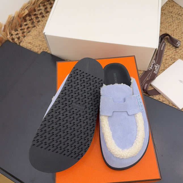 HM 25S MULE IN SOFT LAVENDER BLUE SUEDE MIX WHITE SHEARLING