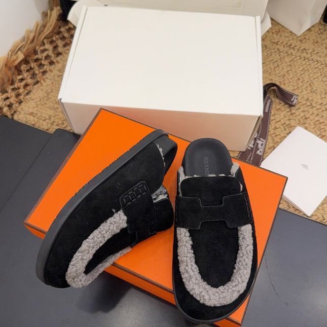 HM 25S MULE IN BLACK SUEDE MIX GREY SHEARLING