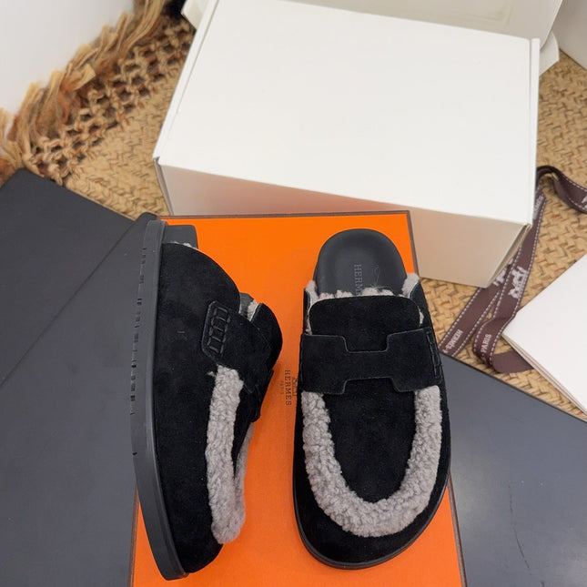 HM 25S MULE IN BLACK SUEDE MIX GREY SHEARLING