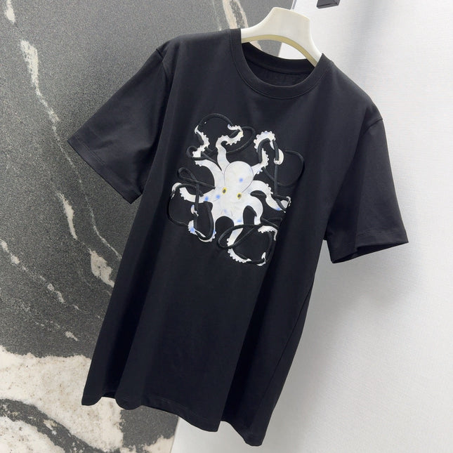 Loewe Octopus Print Embroidered Short-sleeved T-shirt Black Cotton