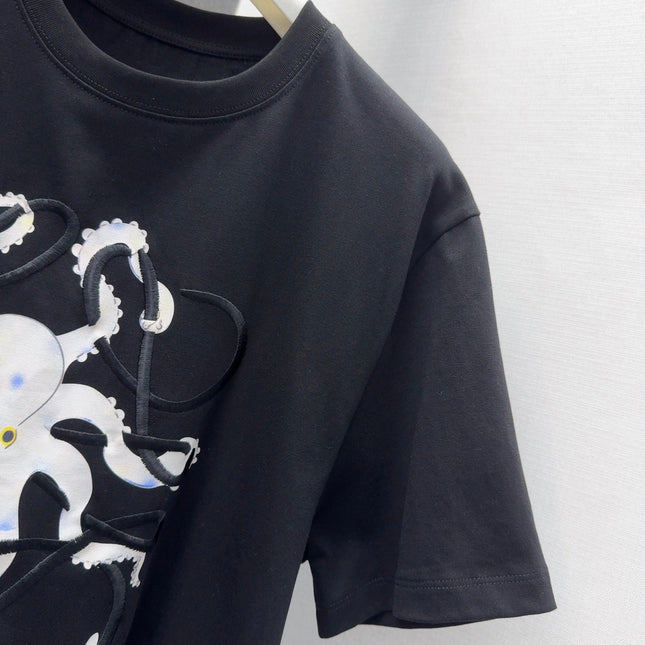 Loewe Octopus Print Embroidered Short-sleeved T-shirt Black Cotton