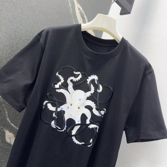 Loewe Octopus Print Embroidered Short-sleeved T-shirt Black Cotton