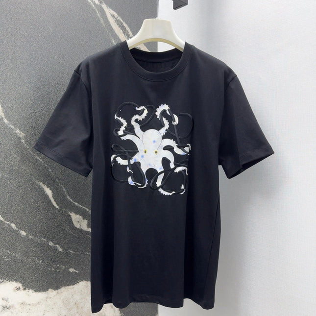 Loewe Octopus Print Embroidered Short-sleeved T-shirt Black Cotton