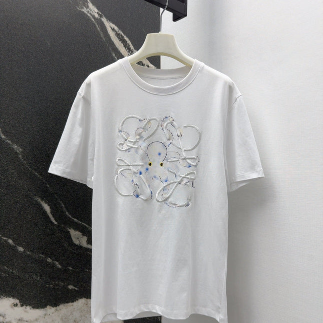 Loewe Octopus Print Embroidered Short-sleeved T-shirt White Cotton