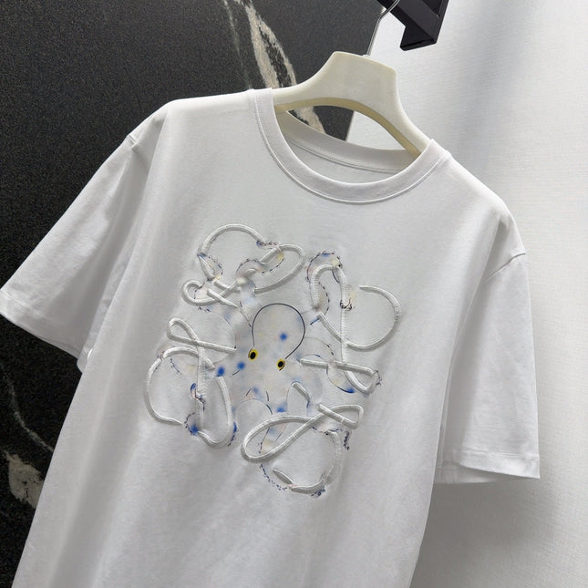 Loewe Octopus Print Embroidered Short-sleeved T-shirt White Cotton