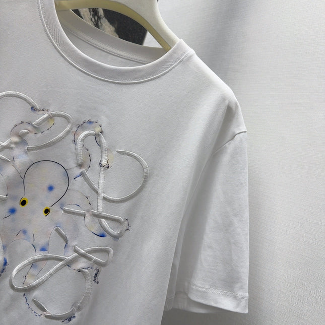 Loewe Octopus Print Embroidered Short-sleeved T-shirt White Cotton