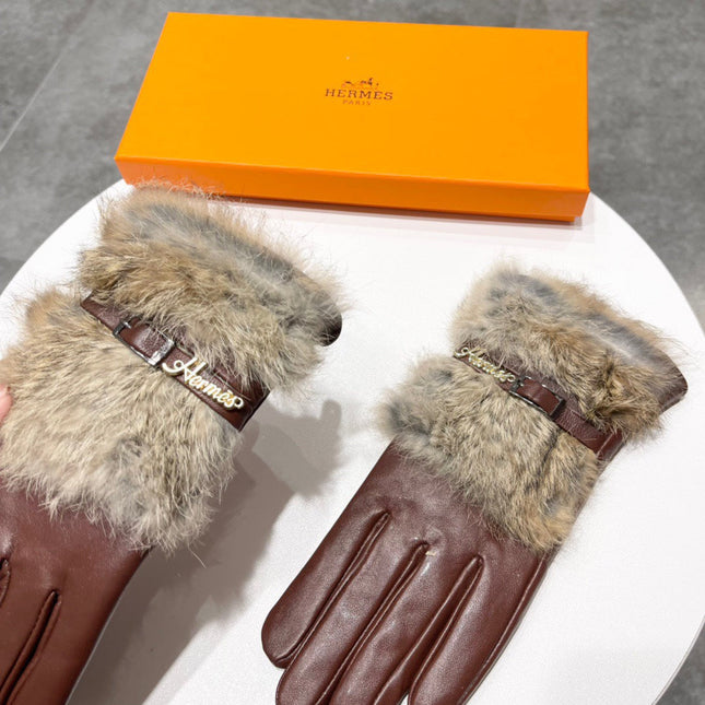 TOUCHSCREEN GLOVES IN CHESTNUT BROWN LAMBSKIN MIX FOX FUR 103797