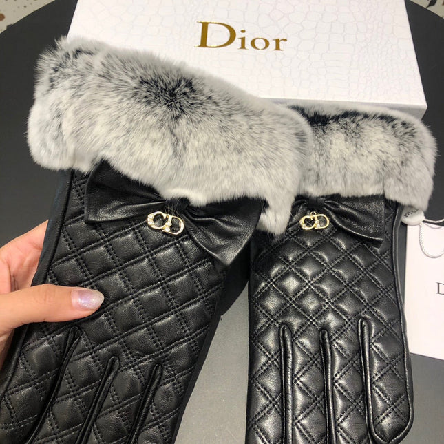 GLOVES ATTACHED BOW IN BLACK RABBIT FUR AND LAMBSKIN 113707