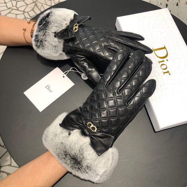 GLOVES ATTACHED BOW IN BLACK RABBIT FUR AND LAMBSKIN 113707