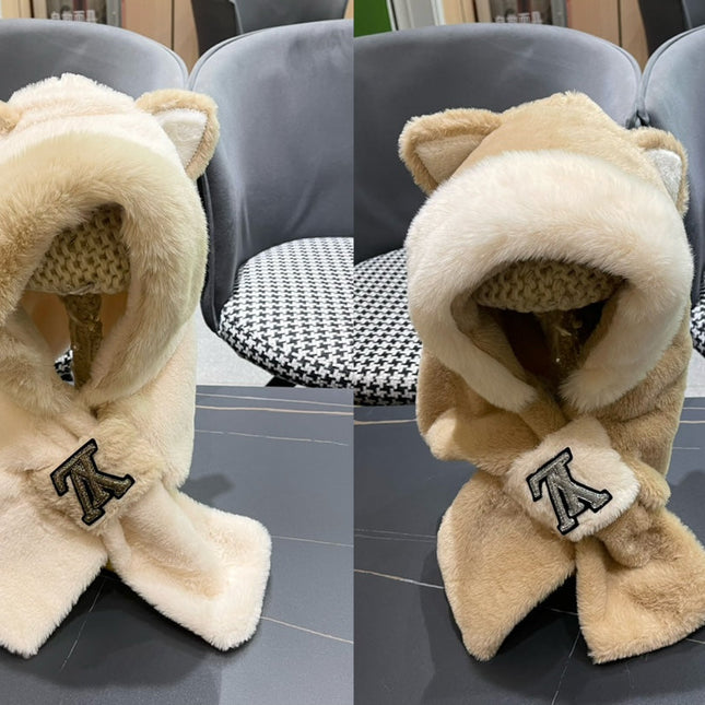 PLUSH EARMUFFS HAT IN BEIGE WOOL AND FOX FUR 403462