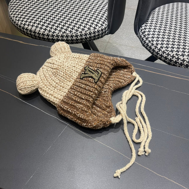 KNITTED BEANIE HAT WITH CUTE EARS IN BEIGE MIX BROWN WOOL 403482