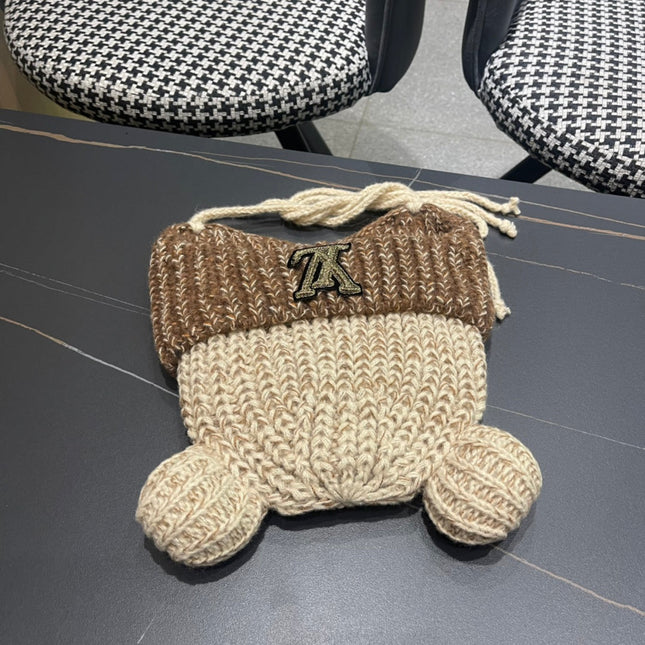 KNITTED BEANIE HAT WITH CUTE EARS IN BEIGE MIX BROWN WOOL 403482