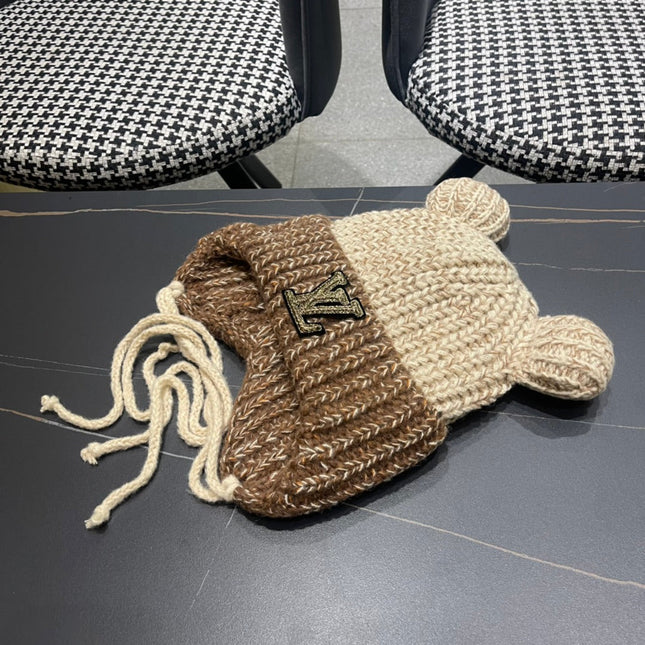 KNITTED BEANIE HAT WITH CUTE EARS IN BEIGE MIX BROWN WOOL 403482