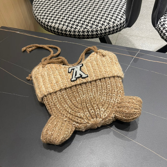 KNITTED BEANIE HAT WITH CUTE EARS IN PEANUT BROWN WOOL 403485