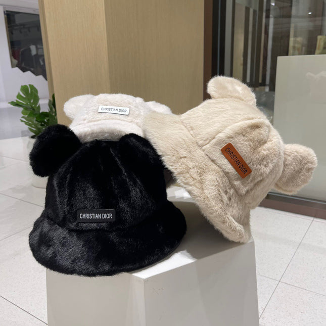BUCKET HAT WITH CUTE BEAR EARS IN BEIGE MINK FUR 422025