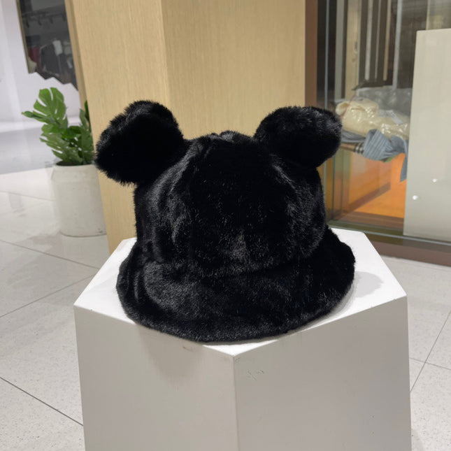 BUCKET HAT WITH CUTE BEAR EARS IN BLACK MINK FUR 422026