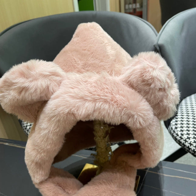 PLUSH WARM HAT IN TUSCAN BEIGE RABBIT FUR WITH FOX EARS 439585