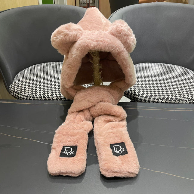 PLUSH WARM HAT IN TUSCAN BEIGE RABBIT FUR WITH FOX EARS 439585