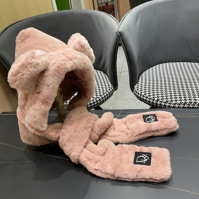 PLUSH WARM HAT IN TUSCAN BEIGE RABBIT FUR WITH FOX EARS 439585