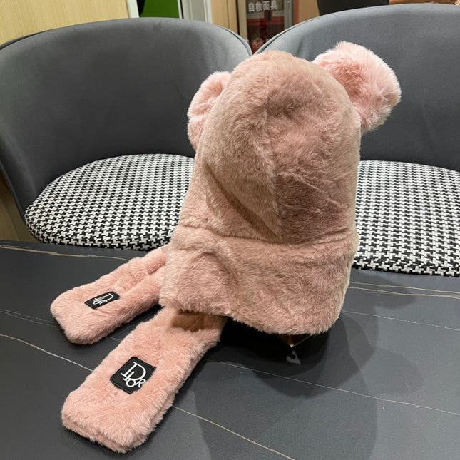 PLUSH WARM HAT IN TUSCAN BEIGE RABBIT FUR WITH FOX EARS 439585