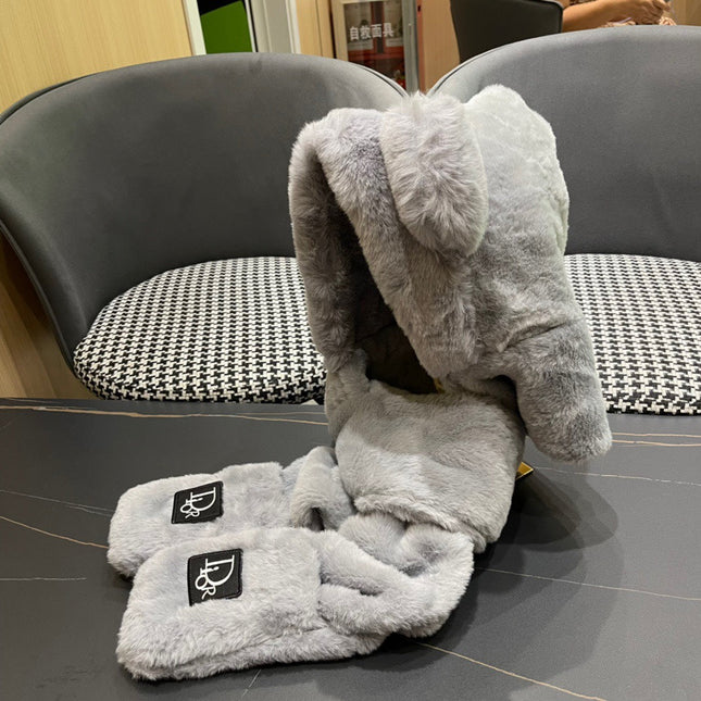 PLUSH WARM HAT IN GRAY RABBIT FUR WITH FOX EARS 439586