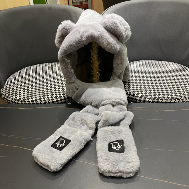 PLUSH WARM HAT IN GRAY RABBIT FUR WITH FOX EARS 439586