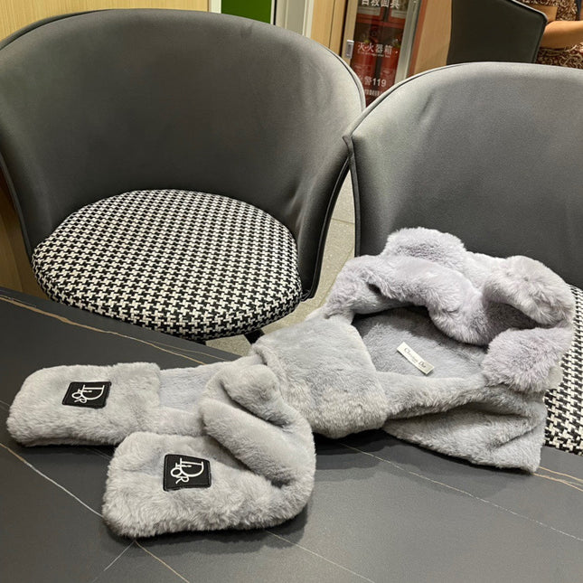 PLUSH WARM HAT IN GRAY RABBIT FUR WITH FOX EARS 439586