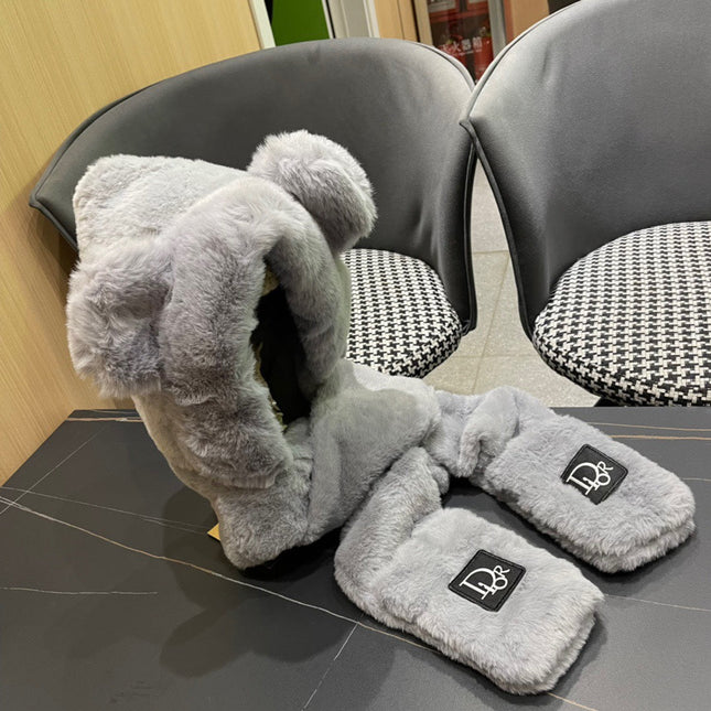 PLUSH WARM HAT IN GRAY RABBIT FUR WITH FOX EARS 439586
