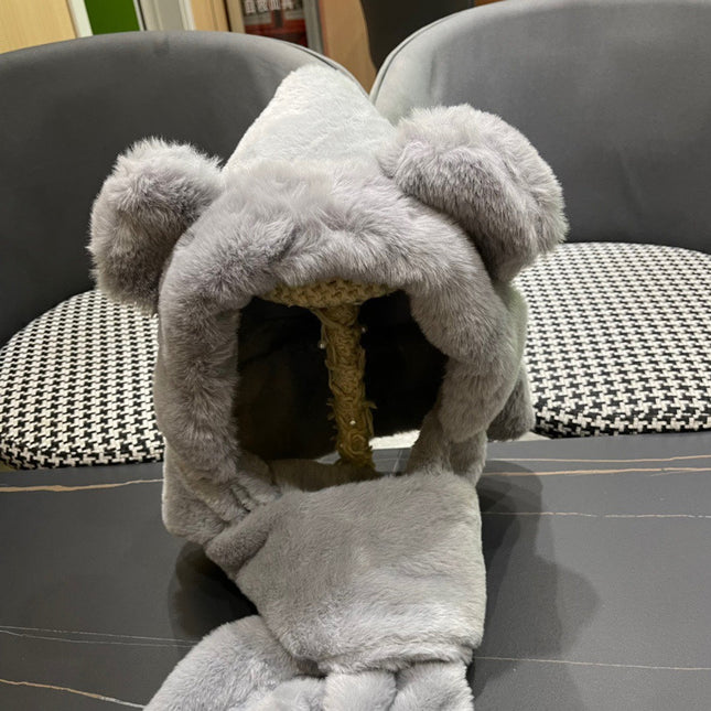 PLUSH WARM HAT IN GRAY RABBIT FUR WITH FOX EARS 439586