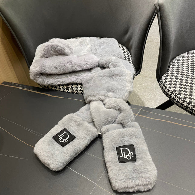 PLUSH WARM HAT IN GRAY RABBIT FUR WITH FOX EARS 439586