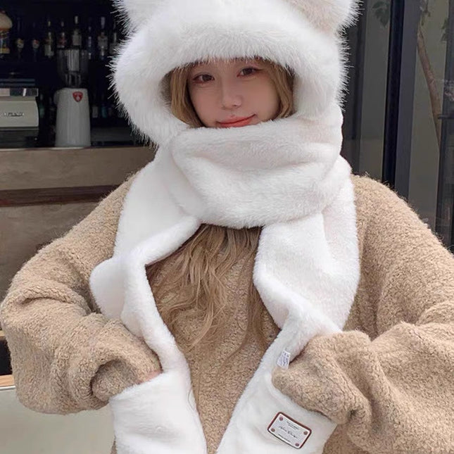 PLUSH WARM HAT IN WHITE RABBIT FUR WITH FOX EARS 439587