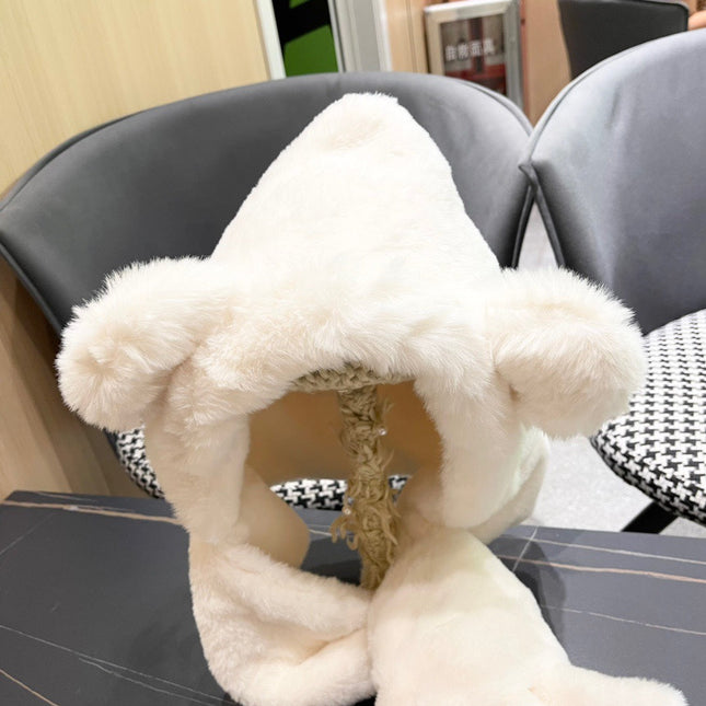 PLUSH WARM HAT IN WHITE RABBIT FUR WITH FOX EARS 439587