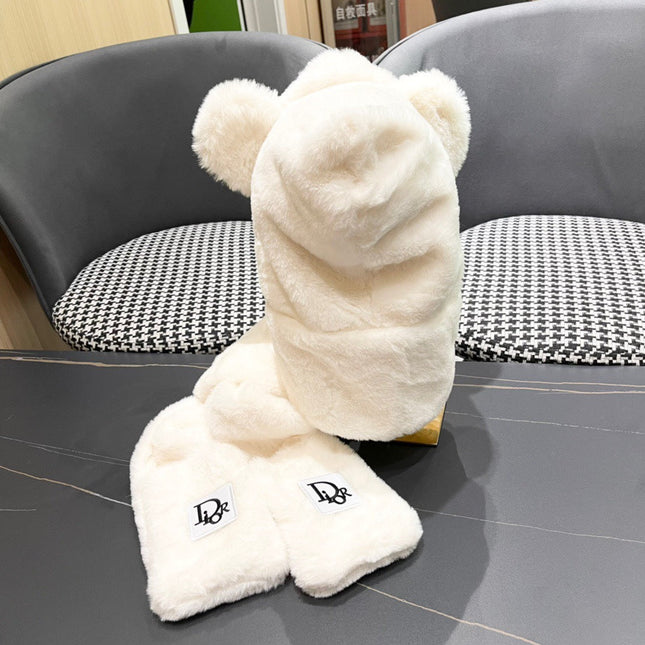 PLUSH WARM HAT IN WHITE RABBIT FUR WITH FOX EARS 439587